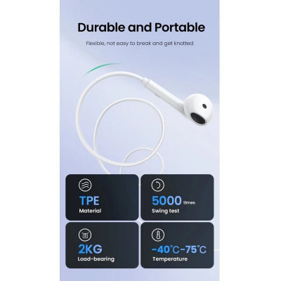 Навушники UGREEN EP101 Wired Earphones with 3.5mm Plug (White) - изображение 4