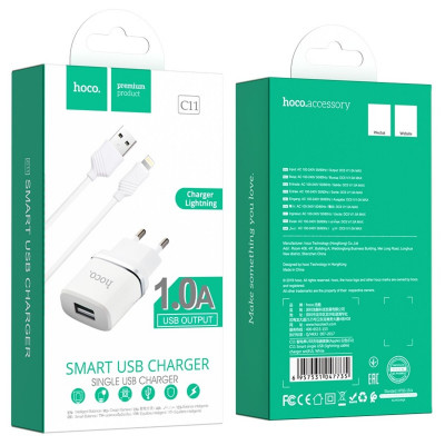 Мережевий зарядний пристрий HOCO C11 Smart, комплект зарядного устройства с одним USB (iP-кабелем) Белый (6957531047735) - изображение 6