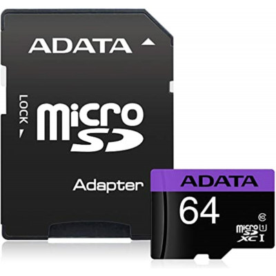 microSDXC (UHS-1) A-DATA Premier 64Gb Class 10 (R-100Mb/s)  (adapter SD) (AUSDX64GUICL10-RA1) - зображення 1