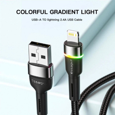 Кабель Essager Colorful LED USB-кабель для быстрой зарядки 2,4 А USB-A на Lightning 2 м, черный (EXCL-XCDA01) (EXCL-XCDA01) - изображение 4