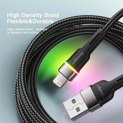 Кабель Essager Colorful LED USB-кабель для быстрой зарядки 2,4 А USB-A на Lightning 2 м, черный (EXCL-XCDA01) (EXCL-XCDA01) - изображение 3