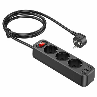 Мережевий зарядний пристрій HOCO NS2 3-position extension cord socket(including 3*USB output) Black (6931474765161) - зображення 1