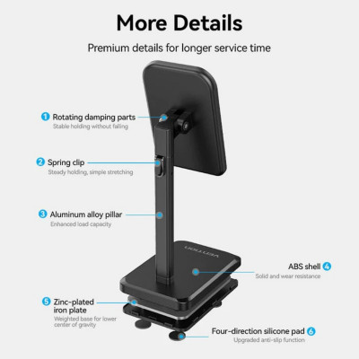 Тримач для телефону Height Adjustable Desktop Cell Phone Stand Black Aluminum Alloy Type (KCQB0) - зображення 4
