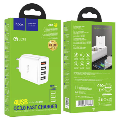 Мережевий зарядний пристрій HOCO C102A Fuerza QC3.0 four-port charger 18W White (6931474777713) - изображение 7