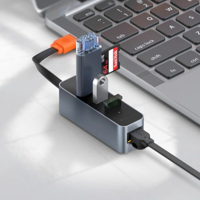 USB-Hub Baseus Steel Cannon Series USB A to USB3.0*3+RJ45 HUB Adapter Dark gray - зображення 3