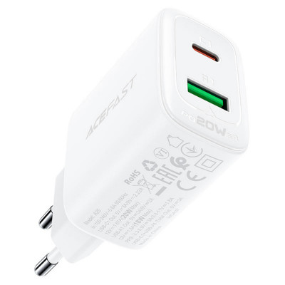 Мережевий зарядний пристрій ACEFAST A25 PD20W (USB-C+USB-A) dual port charger White - зображення 1
