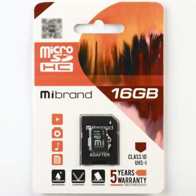 microSDHC (UHS-1) Mibrand 16Gb class 10 (adapter SD) (MICDHU1/16GB-A) - зображення 1