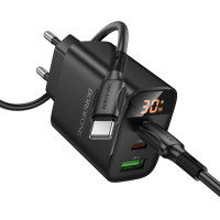 Мережевий зарядний пристрій BOROFONE BA98A Ilustre PD30W (2C1A) charger with digital display set (C to C) (EU) Black (Колір 7073) - фото № 3