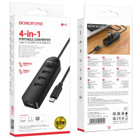 Адаптер Borofone DH5 Erudite 4-in-1 adapter(Type-C to USB3.0+USB2.0*3)(L=0.2M) Black (Колір 7073) - фото № 6