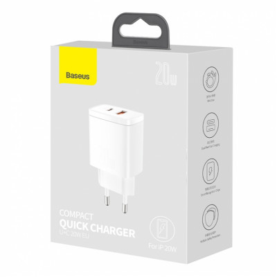 Зарядний пристрій Baseus Compact Quick Charger USB+Type-C 20W Білий (CCXJ-B02)