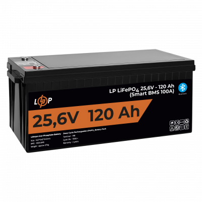 Акумулятор LP LiFePO4 25,6V - 120 Ah (3072Wh) (Smart BMS 100А) з BT пластик для ДБЖ