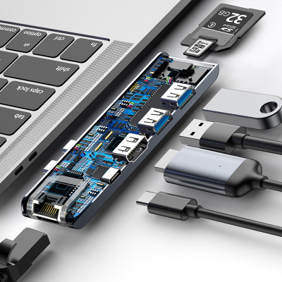 USB Hub Baseus Thunderbolt C Pro Seven-in-one Dual Type-C to USB3.0*2 + HDMI + RJ45 Ethernet + Type-C PD + microSD + SD card Cерый (CAHUB-L0G)