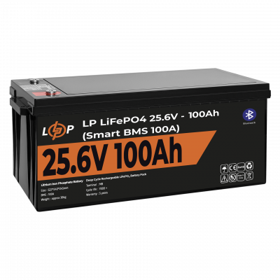 Акумулятор LP LiFePO4 24V (25,6V) - 100 Ah (2560Wh) (Smart BMS 100А) з BT пластик