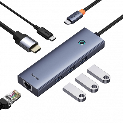 USB Hub Baseus Flite 6-Port Type-C to HDMI4K 60Hz*1+USB 3.0*3+PD*1+RJ45*1 Cірий - изображение 4