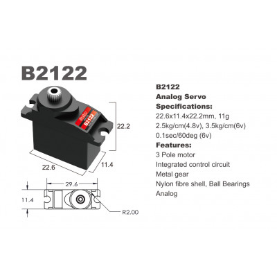 Сервопривод мікро 11г BATAN B2122 2.5кг/0.12сек метал - изображение 2