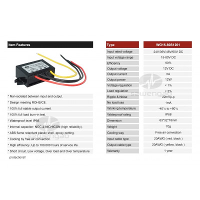 Регулятор напруги WENGAO DC-DC 15-80В 12В 3А знижуючий