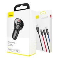 Автомобільний зарядний пристрій Baseus Digital Display Dual USB 4.8A Car Charger 24W+Three Primary Colors 3-in-1 Cable1.2M (Цвет Black) - фото № 4