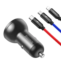 Автомобільний зарядний пристрій Baseus Digital Display Dual USB 4.8A Car Charger 24W+Three Primary Colors 3-in-1 Cable1.2M (Цвет Black) - фото № 2