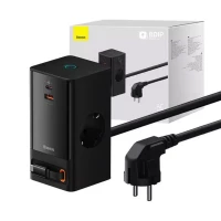 Мережевий зарядний пристрій Baseus PowerCombo Digital PowerStrip 2AC+1U+1C+Retractable-C 65W with 1.5m power cord EU Black (Колір Черный) - фото № 4