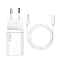 Мережевий зарядний пристрій Baseus Super Si Quick Charger 1C 25W EU Sets White（With Mini White Cable Type-C to Type-C 3A 1m White）